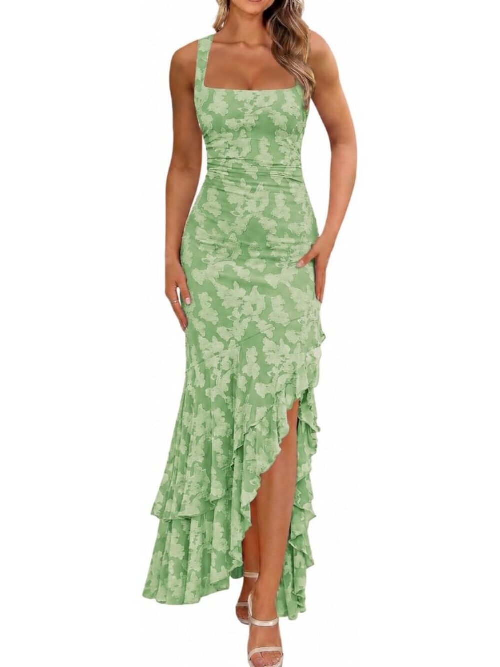 Women's Green Elegant Ruched Floral Maxi Wedding Guest Cocktail Formal Dress